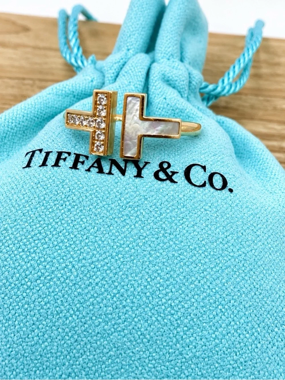 Tiffany Co. T Wire Ring with Diamonds and Mother Of Pearl, Rose Gold, sz 6.5